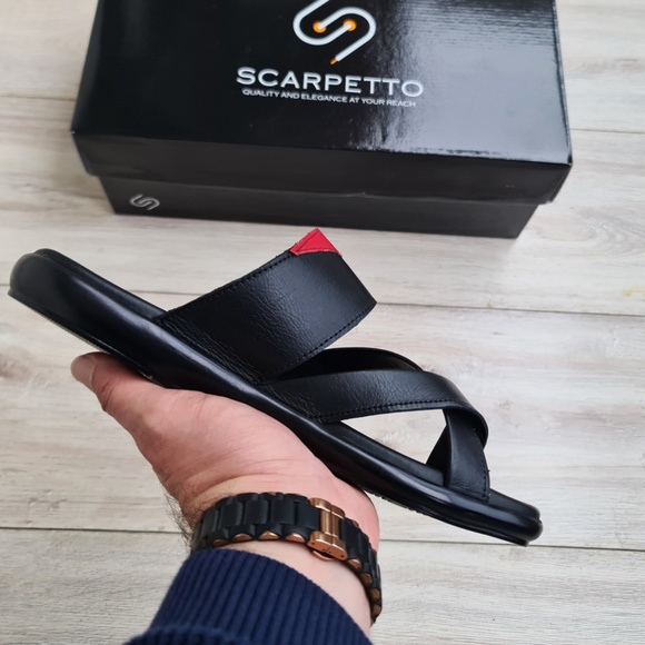 Premium Leather Men's Sandal in Black/Red - Picture 2 of 4